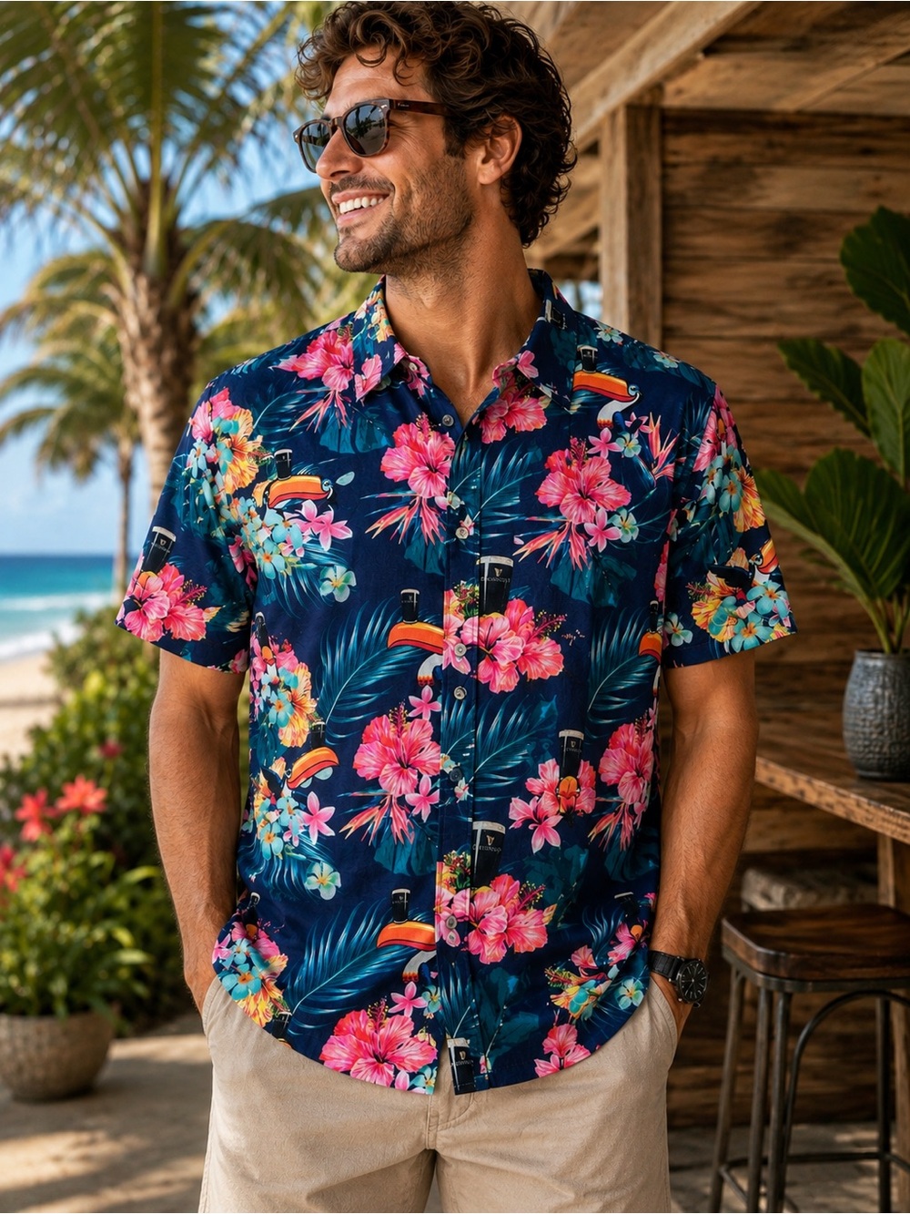 Guinness Tropical Toucan Floral Hawaiian Button Down Shirt Men’s Large #160